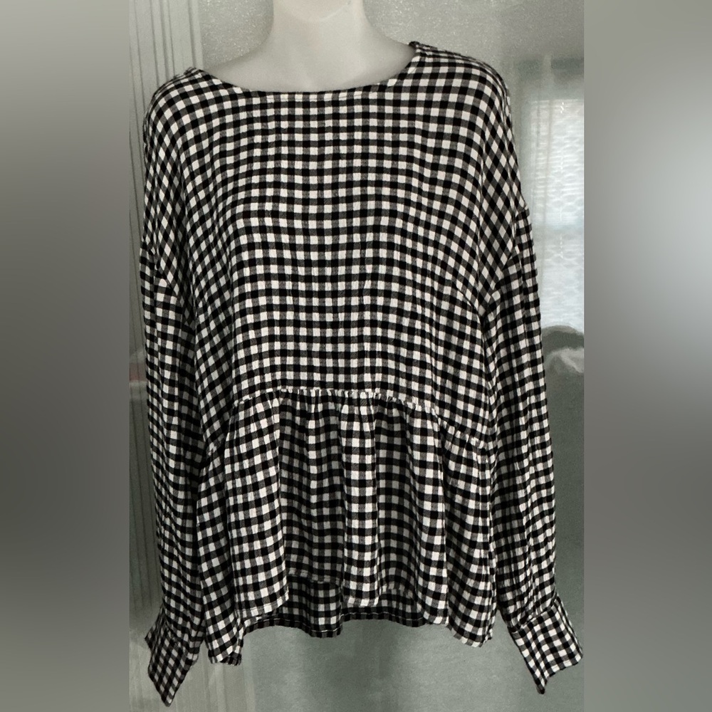 Time and Tru Women's Long Sleeve Black And White Gingham Peplum Top🇺🇸